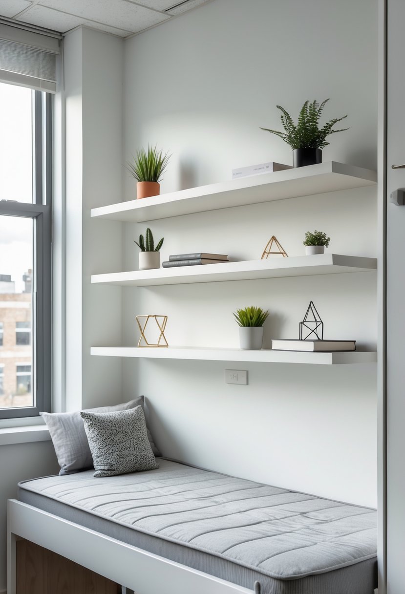 A dorm room with floating shelves above a lofted bed, displaying plants and books on the shelves.