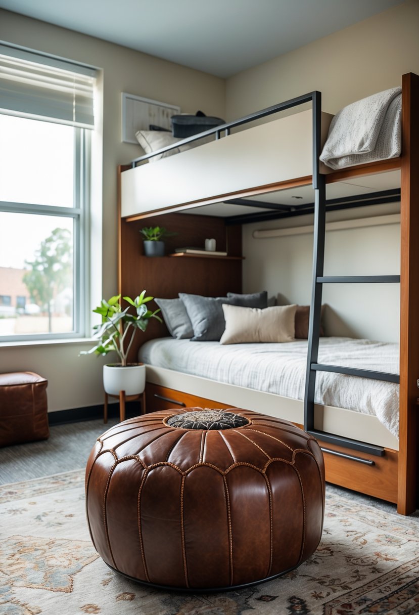 A lofted bed dorm room with a leather pouf ottoman as seating, a small plant, books, and a cozy rug in a bright, organized space.