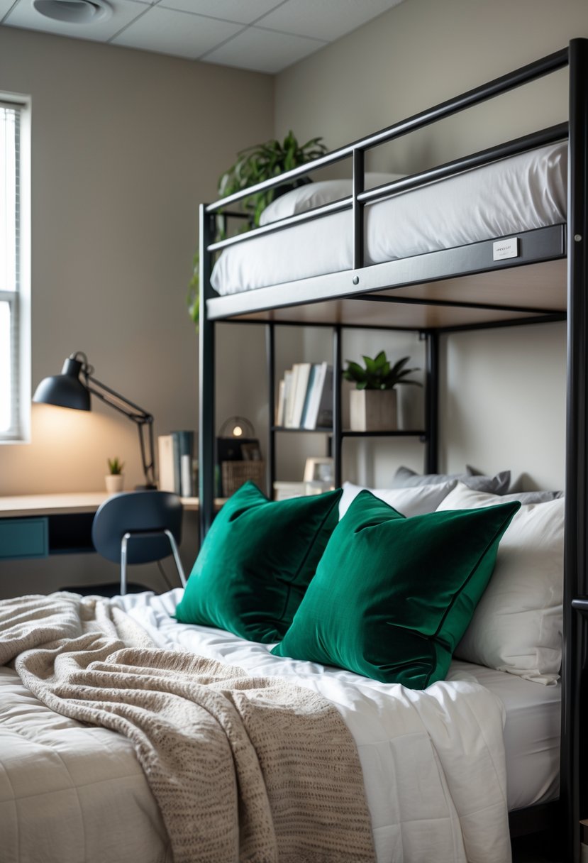 A lofted bed in a dorm room with emerald green velvet throw pillows arranged on it, surrounded by simple furniture and decor.