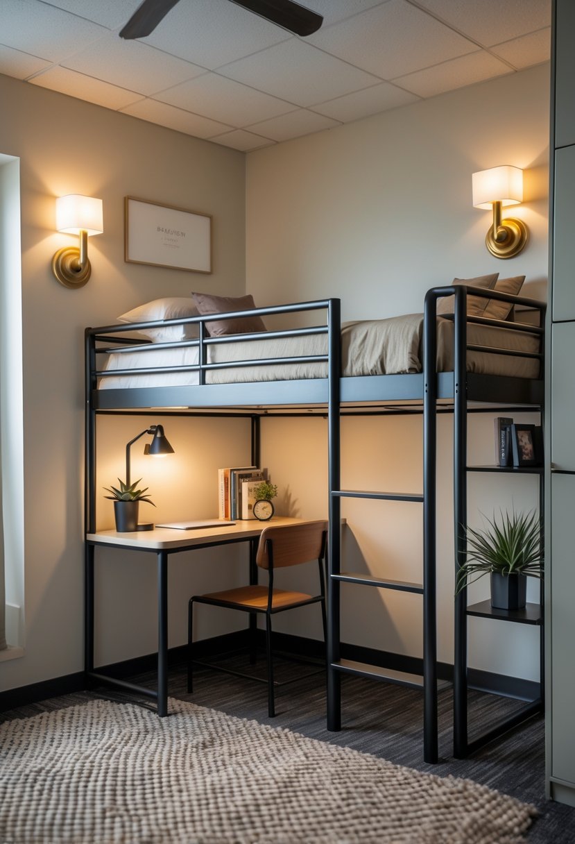 A dorm room with a lofted bed and two brass wall-mounted sconces providing warm lighting.