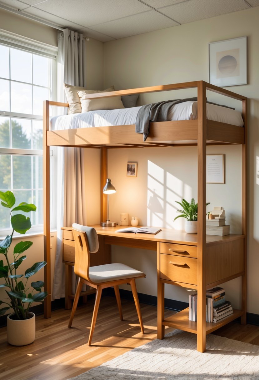 A dorm room with a lofted bed and a wooden writing desk underneath, featuring a chair, desk lamp, books, and a potted plant in a bright, organized space.