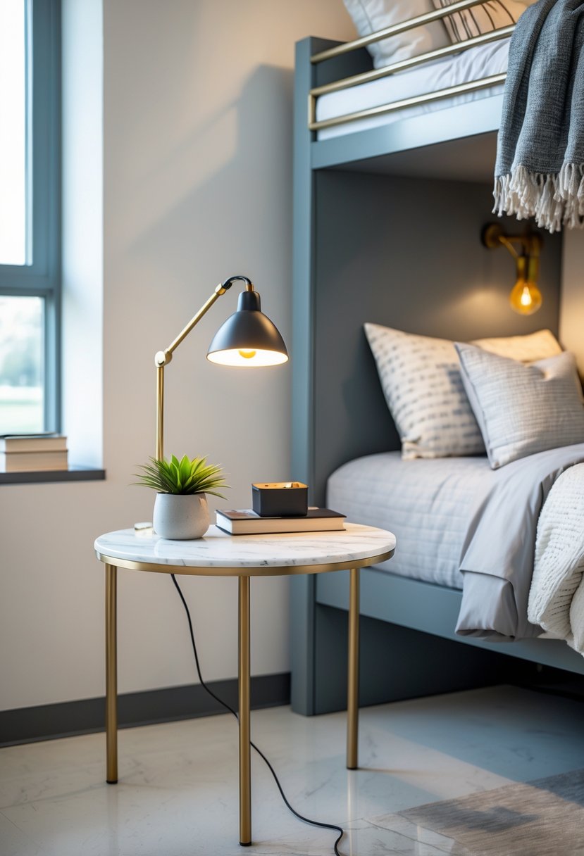 A marble top side table next to a lofted bed in a bright dorm room with a lamp, plant, and books on the table.