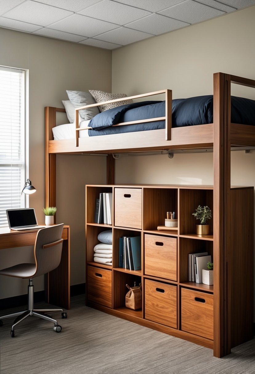 A dorm room with a lofted bed and warm wood storage cubes neatly organized underneath.