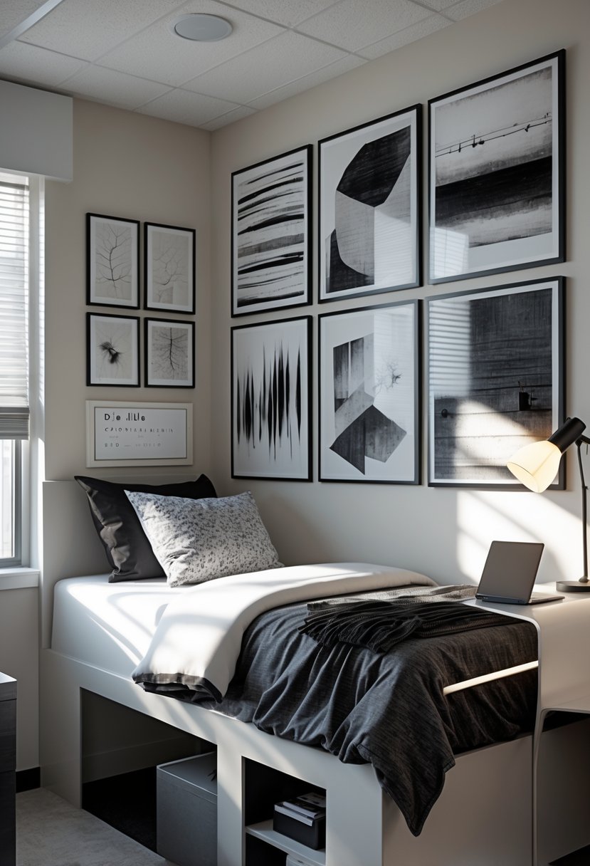 A dorm room with a lofted bed and several black and white abstract art prints on the walls, featuring a desk, chair, and organized shelves.