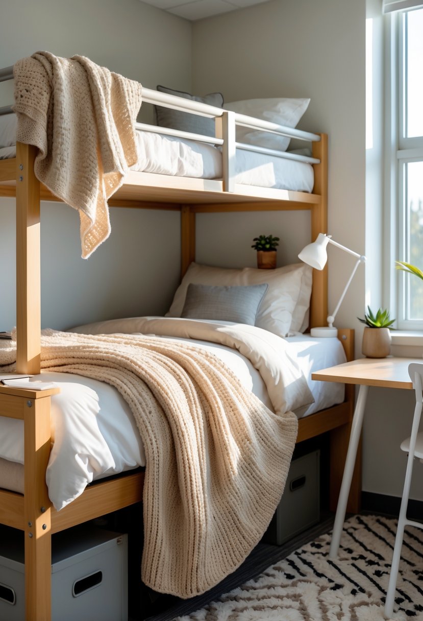 A lofted bed in a dorm room with a soft beige knitted throw blanket and simple decor including a desk and a plant.