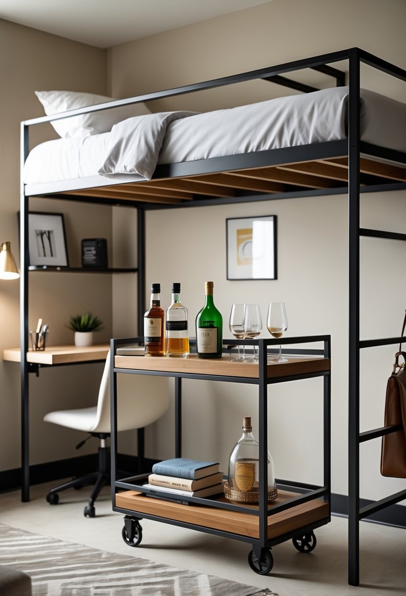 A lofted bed dorm room featuring a sleek industrial bar cart holding drinks and books, with a desk and chair in the background.