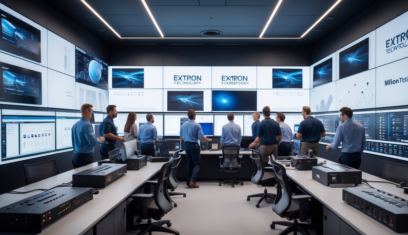 Ruang kontrol audiovisual modern dengan beberapa layar besar dan teknisi yang bekerja mengoperasikan perangkat teknologi canggih.