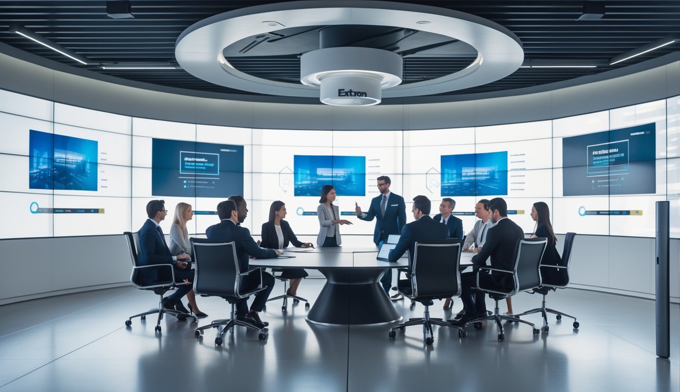 Beberapa profesional sedang berdiskusi di ruang rapat modern dengan layar besar dan perangkat teknologi audiovisual canggih.