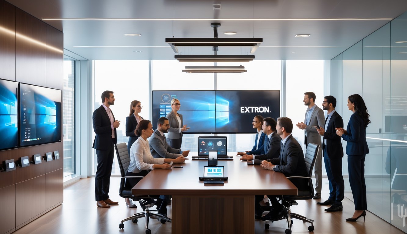 Ruang konferensi kantor modern dengan profesional sedang menggunakan teknologi AV canggih dan layar interaktif.