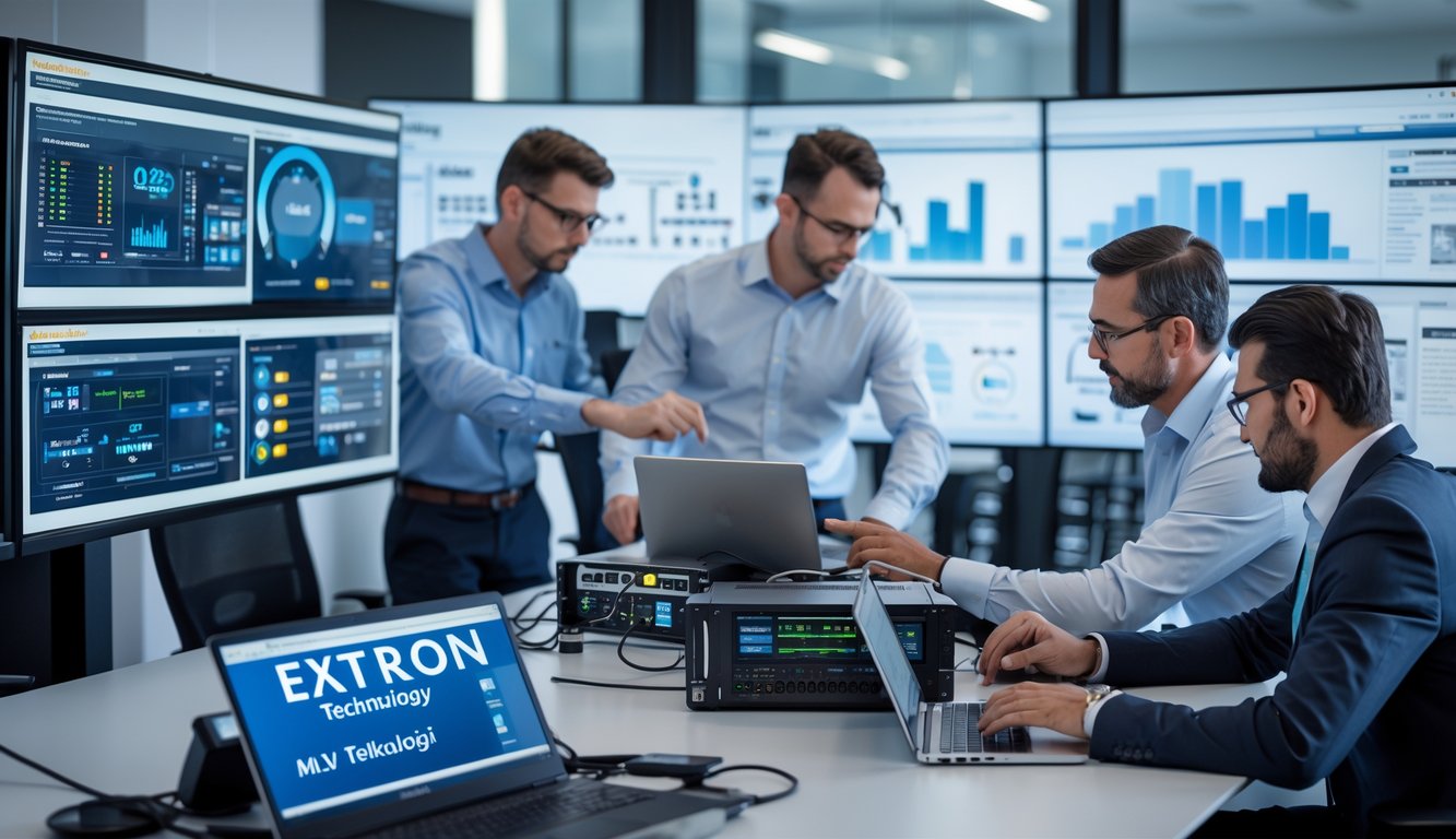 Sekelompok profesional teknologi sedang bekerja bersama di kantor modern dengan peralatan audiovisual dan monitor besar.