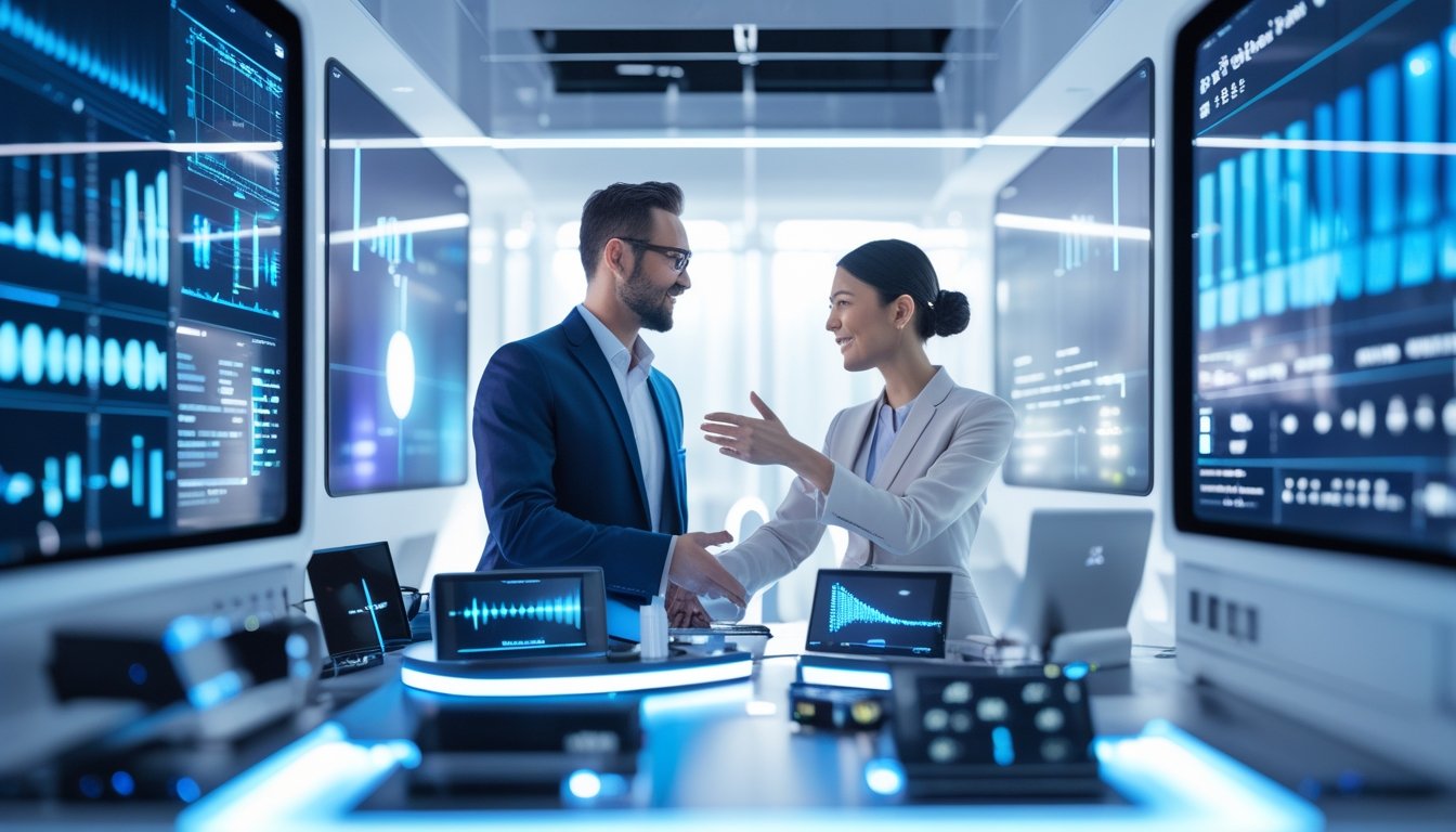 Dua profesional sedang bekerja bersama di ruang teknologi audiovisual modern dengan peralatan canggih dan layar digital.