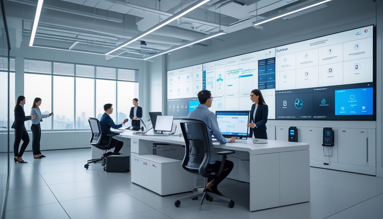 Suasana kantor modern dengan perangkat teknologi canggih, menampilkan profesional yang bekerja bersama di ruang yang terang dan terorganisir.