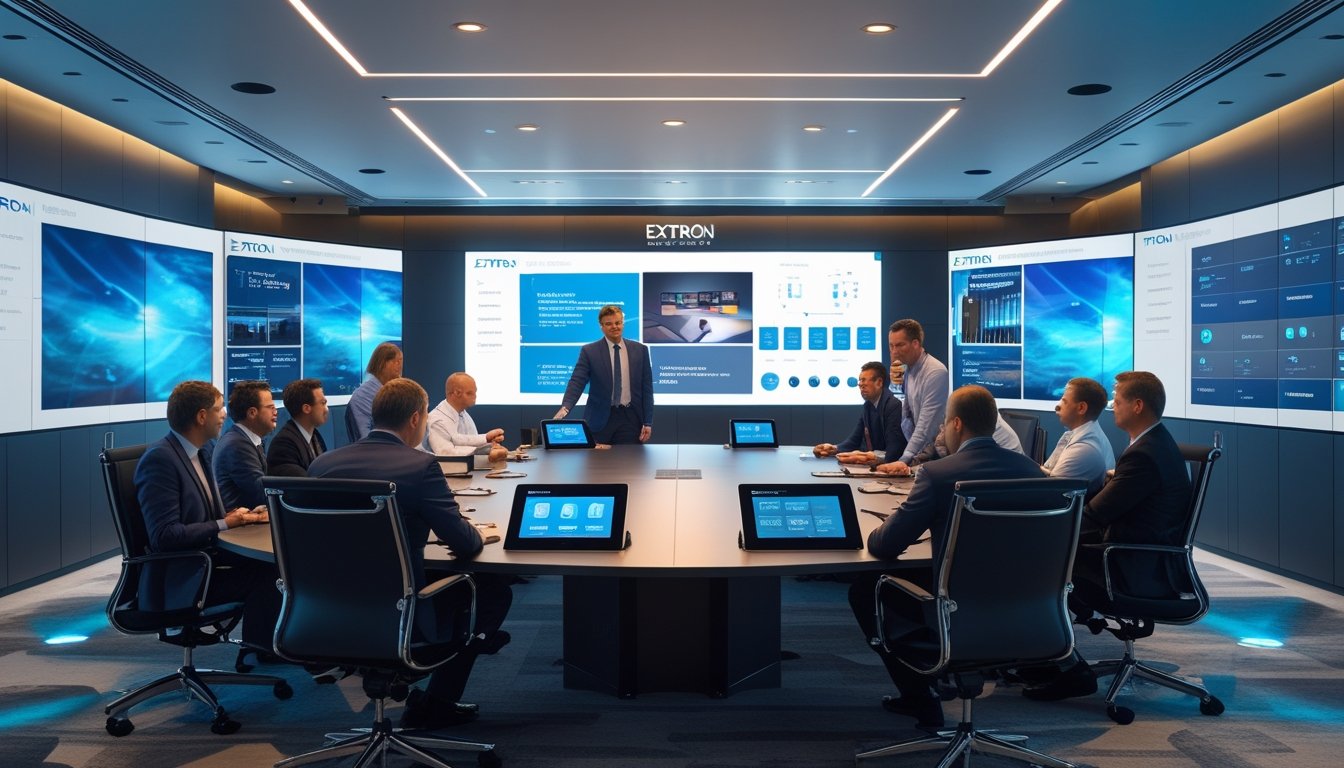 Sekelompok ahli teknologi sedang bekerja sama di ruang rapat modern dengan peralatan audiovisual Extron.