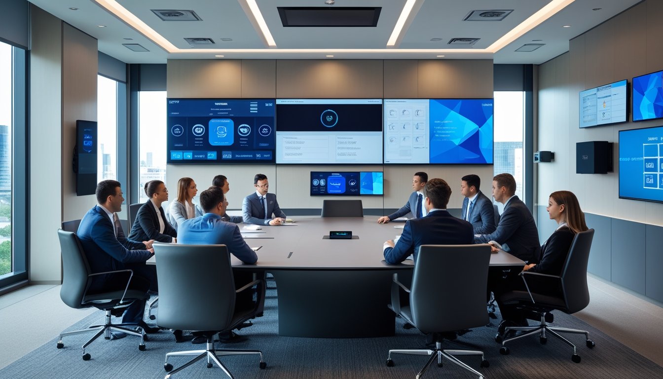 Sekelompok profesional sedang bekerja di ruang rapat modern dengan peralatan audiovisual canggih dan layar besar.
