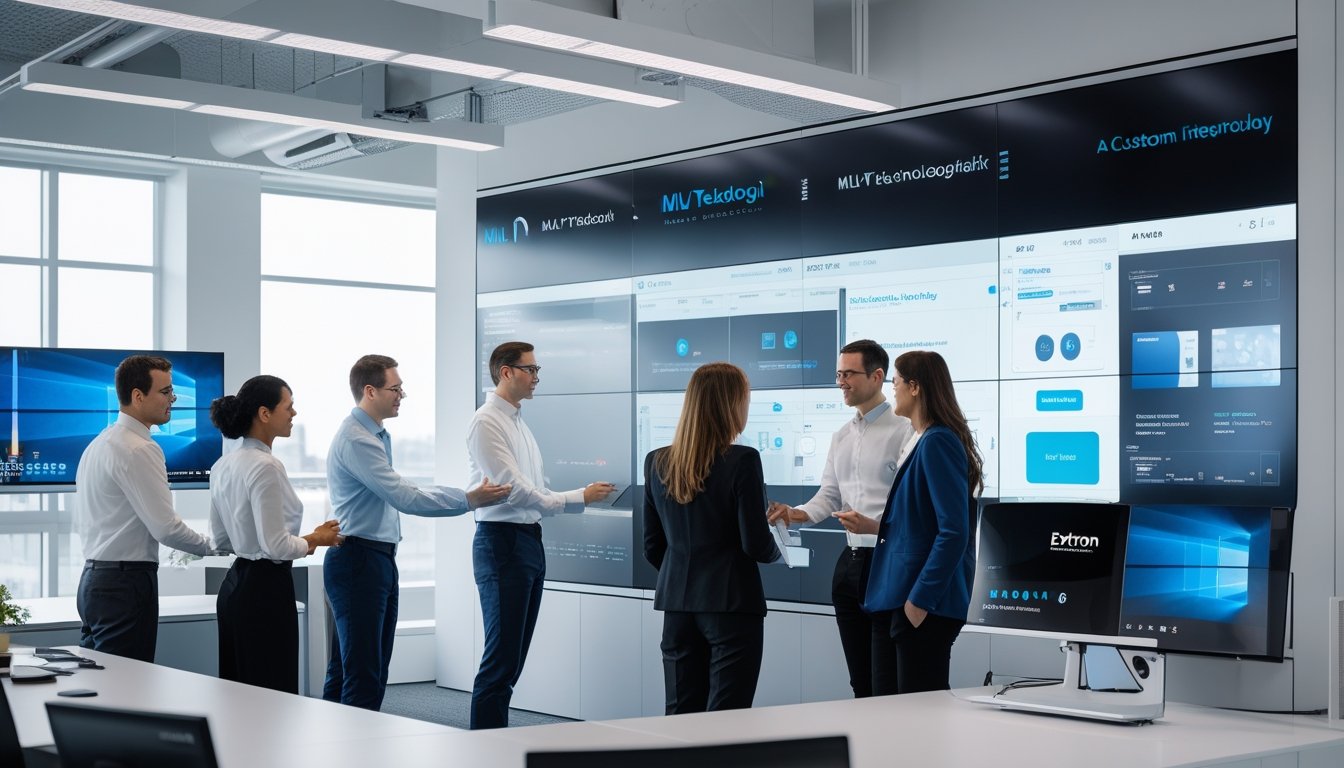 Sejumlah profesional bekerja sama di kantor modern dengan peralatan audiovisual canggih dan layar sentuh interaktif.