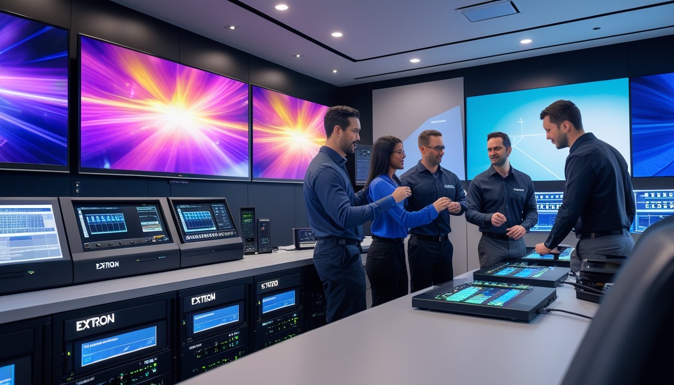 Ruang konferensi modern dengan beberapa layar besar dan peralatan AV canggih, menampilkan teknisi yang sedang bekerja dengan perangkat teknologi.