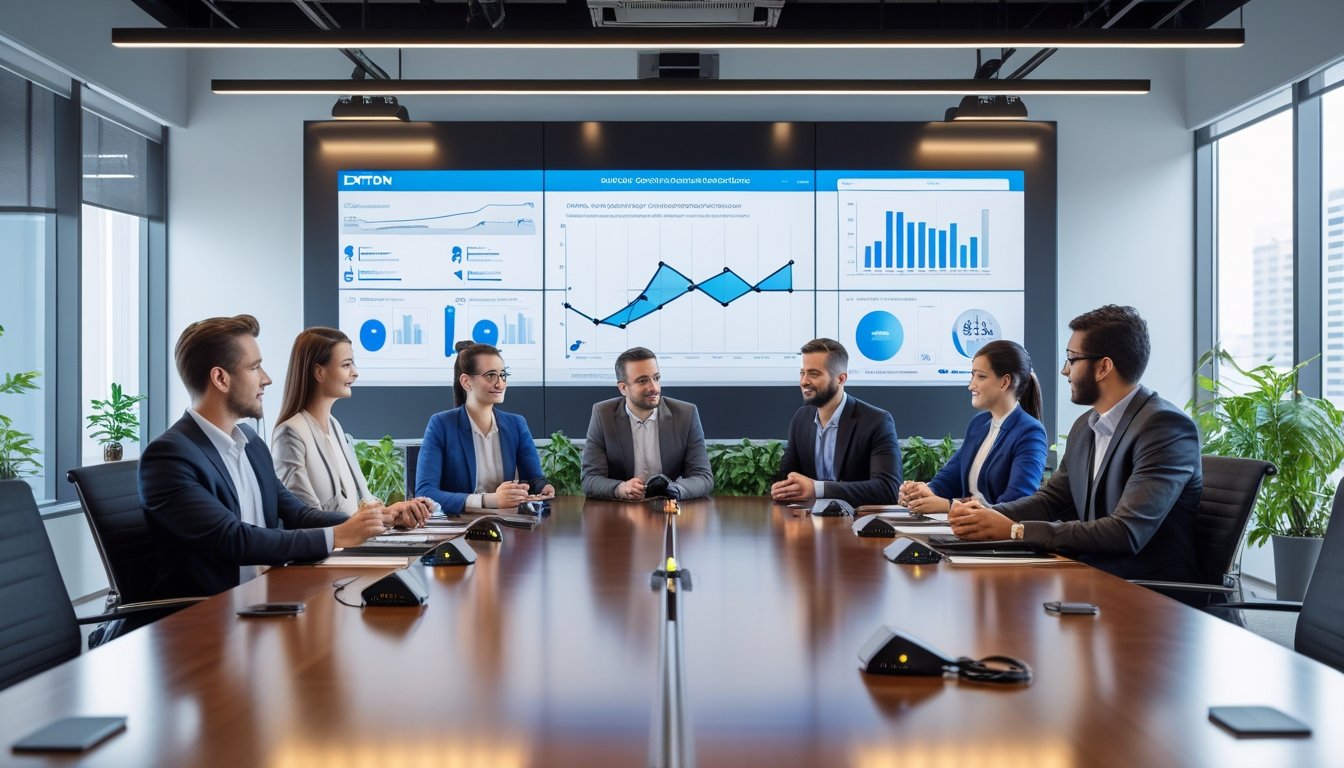 Ruang konferensi kantor modern dengan beberapa profesional bisnis sedang rapat menggunakan teknologi audiovisual canggih.