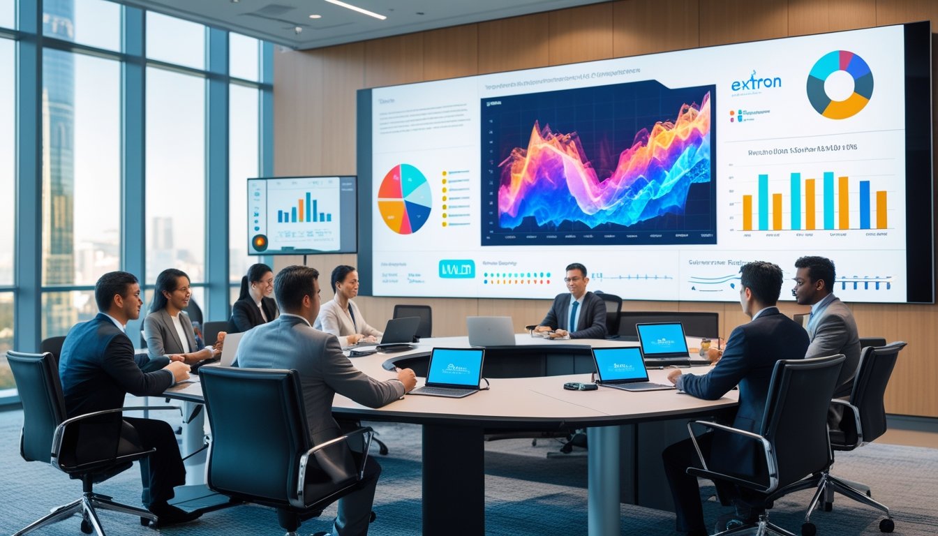 Ruang rapat perusahaan modern dengan teknologi audiovisual canggih dan profesional yang sedang digunakan oleh beberapa orang untuk berdiskusi.