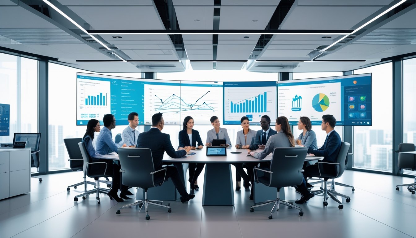 Sekelompok profesional bisnis sedang berdiskusi di ruang rapat modern dengan layar besar dan perangkat teknologi canggih.