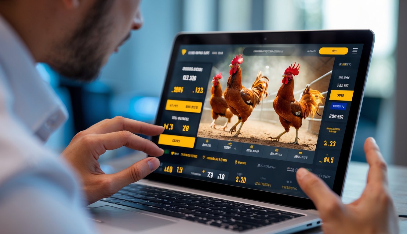 Seseorang menggunakan laptop atau ponsel untuk menonton siaran langsung sabung ayam secara online.