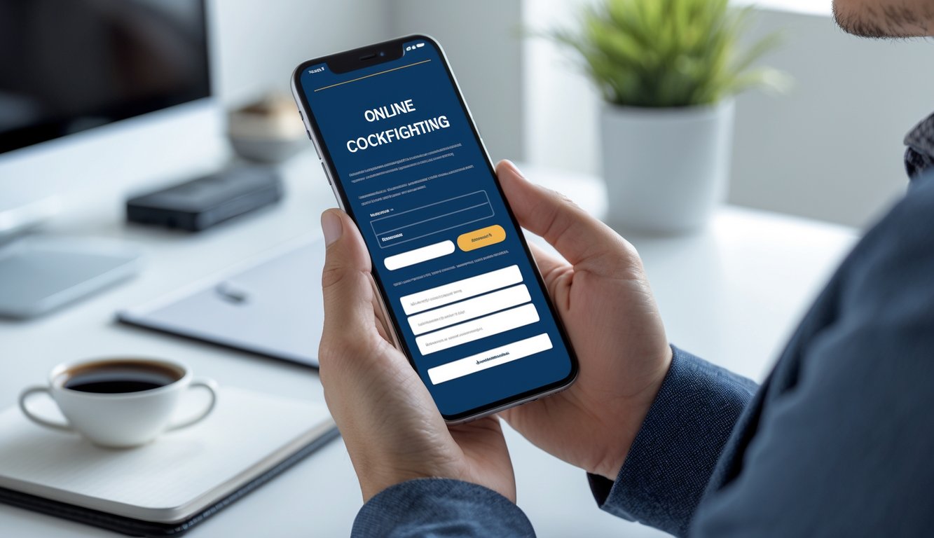 Tangan seseorang memegang ponsel Android dengan tampilan formulir pendaftaran akun online di layar, di atas meja dengan beberapa barang sederhana.