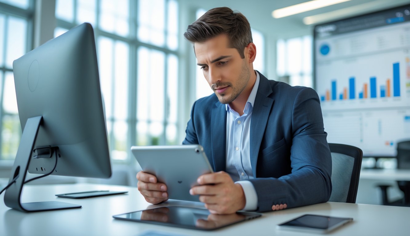 Seorang pria fokus menggunakan tablet di kantor modern dengan layar komputer menampilkan grafik di latar belakang.