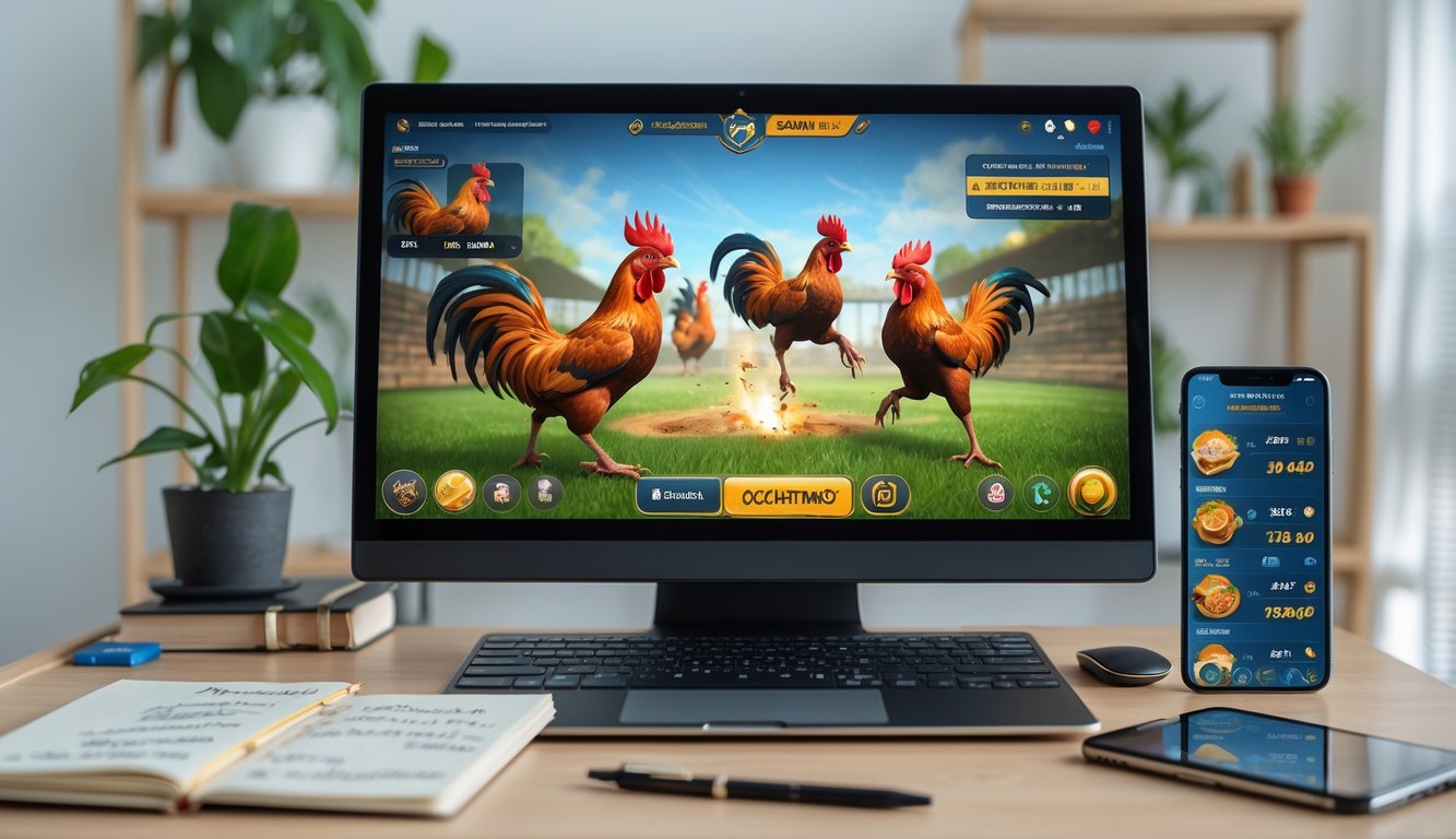 Seseorang sedang menggunakan komputer dengan tampilan permainan sabung ayam online, dikelilingi oleh buku catatan dan ponsel di meja kerja yang rapi.