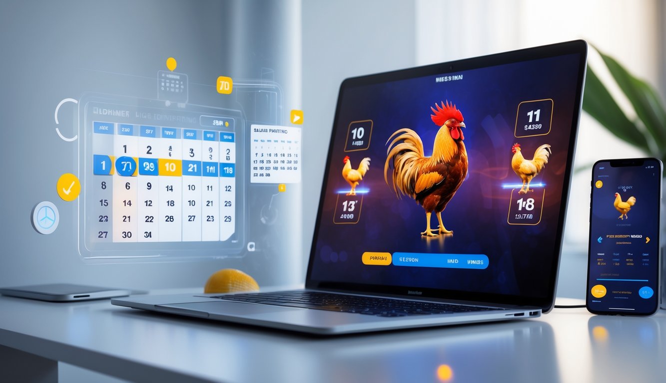 Seorang pengguna duduk di depan laptop dengan layar menampilkan jadwal harian sabung ayam online, dikelilingi oleh perangkat digital seperti smartphone dan kalender.