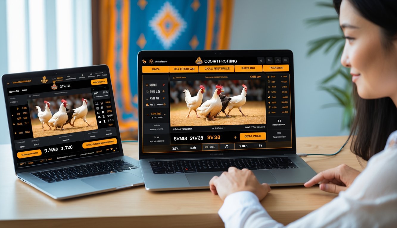 Seorang pria menggunakan laptop dan ponsel untuk memasang taruhan sabung ayam dengan latar belakang pola batik tradisional.