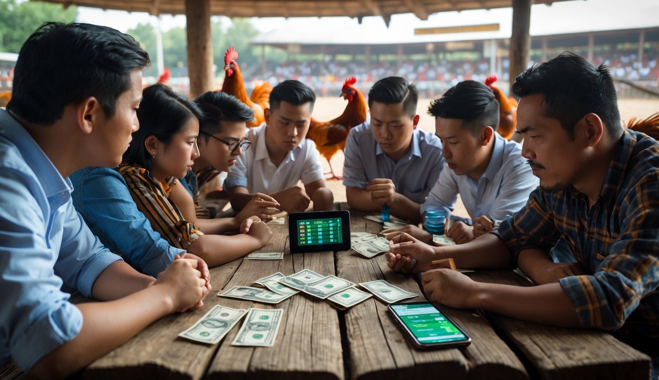 Sekelompok orang berkumpul di sekitar meja kayu, membahas strategi taruhan sabung ayam dengan uang kecil, dengan arena sabung ayam terlihat di latar belakang.
