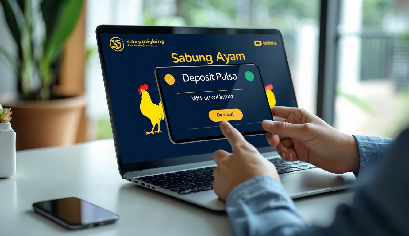 Seseorang menggunakan ponsel untuk melakukan deposit pulsa online dengan latar belakang simbol ayam jago.