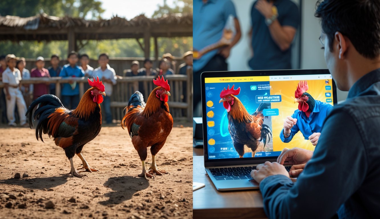 Dua adegan berdampingan yang menunjukkan perbedaan antara sabung ayam tradisional di luar ruangan dengan kerumunan dan sabung ayam online modern menggunakan perangkat digital.