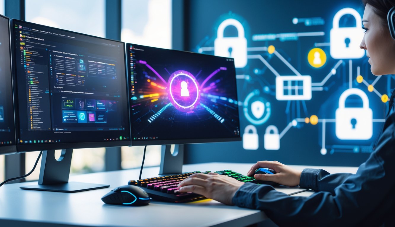 Meja kerja modern dengan beberapa monitor komputer menampilkan antarmuka permainan online dan simbol keamanan digital, dengan tangan seseorang menggunakan keyboard dan mouse.