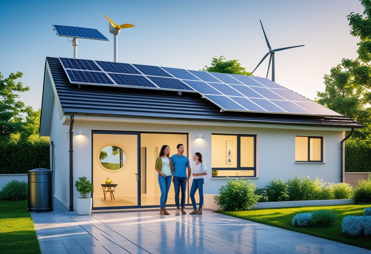 A family standing outside a modern home with solar panels, a wind turbine, and a rainwater barrel in the garden.