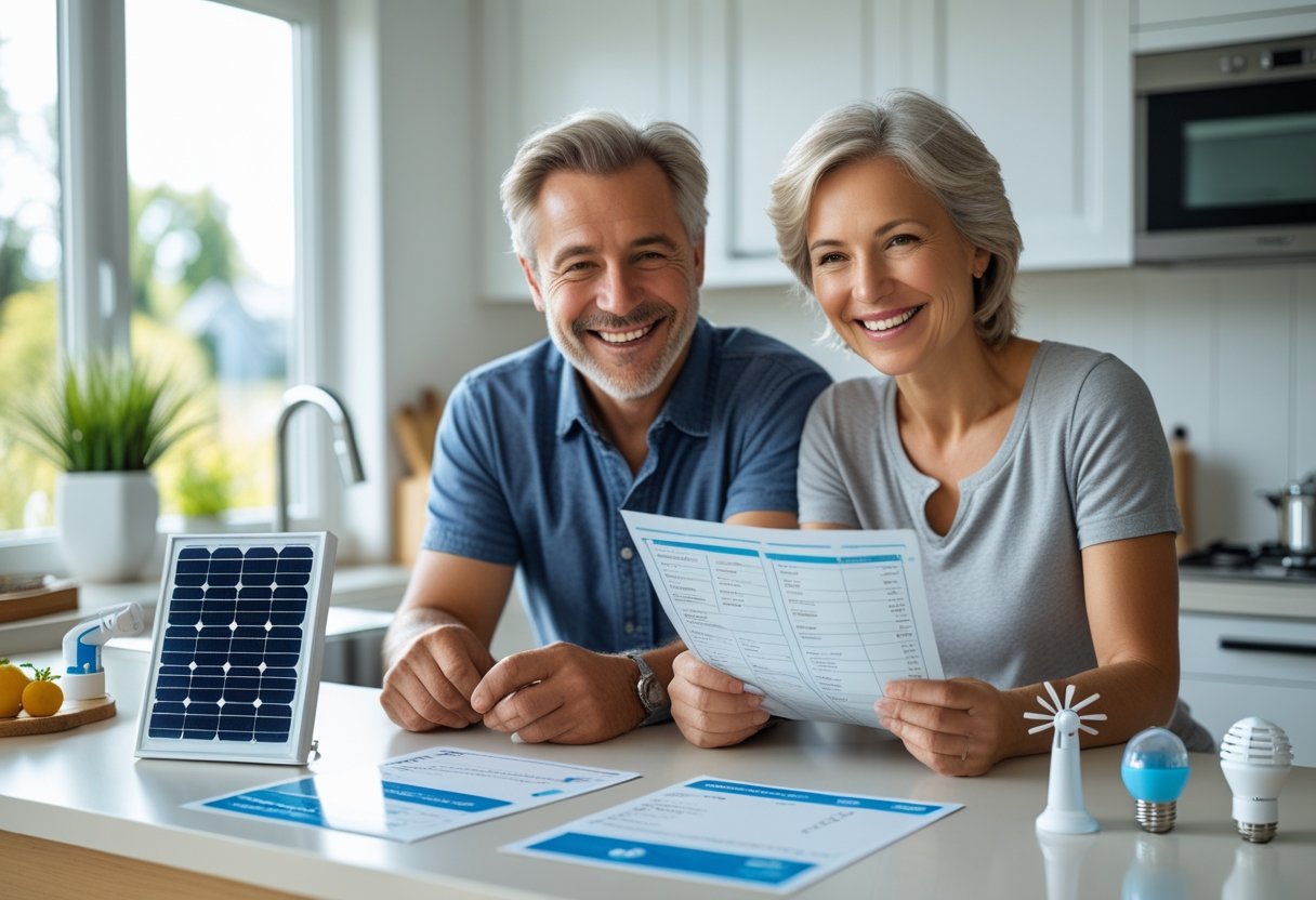 A couple in a kitchen looking at their bills with renewable energy and water-saving items on the counter.