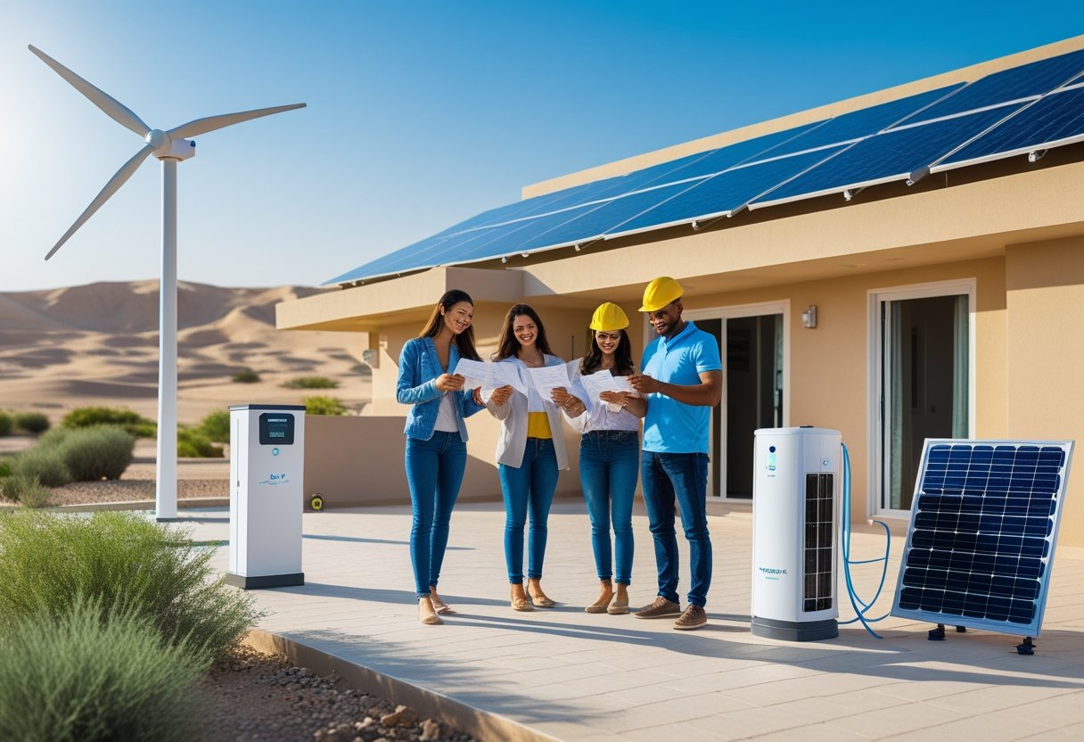 A Middle Eastern family reviewing energy bills outside their home with solar panels on the roof and a technician inspecting renewable energy equipment nearby.