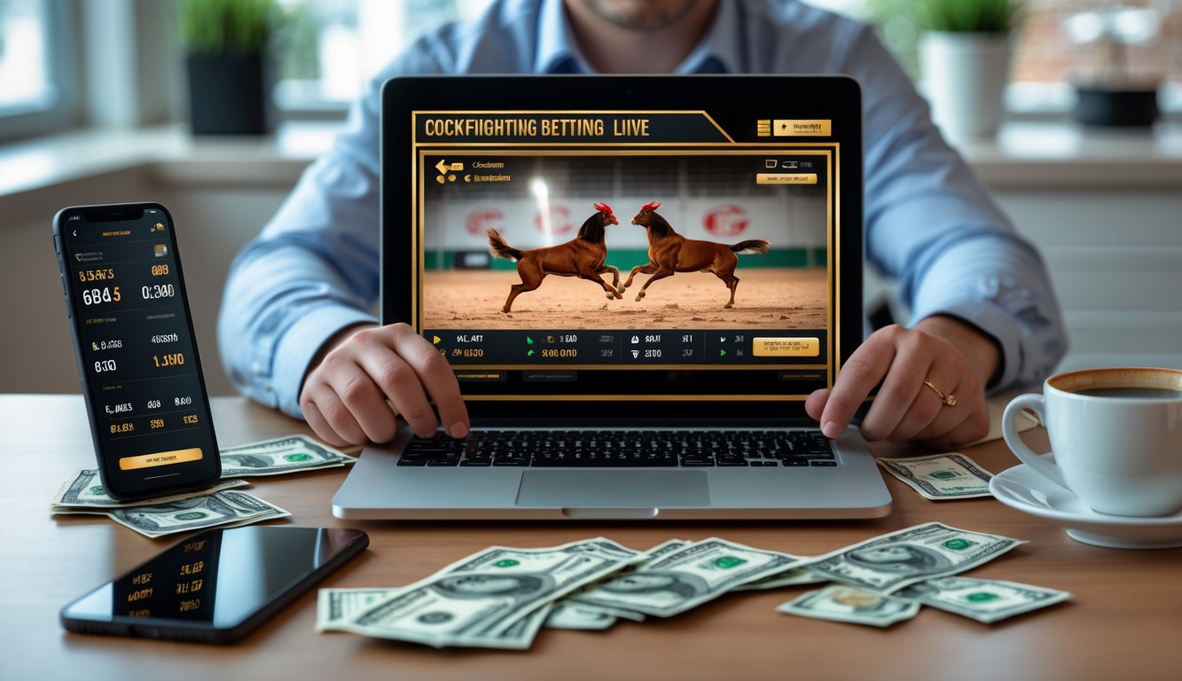 Seseorang menggunakan laptop untuk memasang taruhan sabung ayam online dengan uang asli di meja kerja yang rapi.