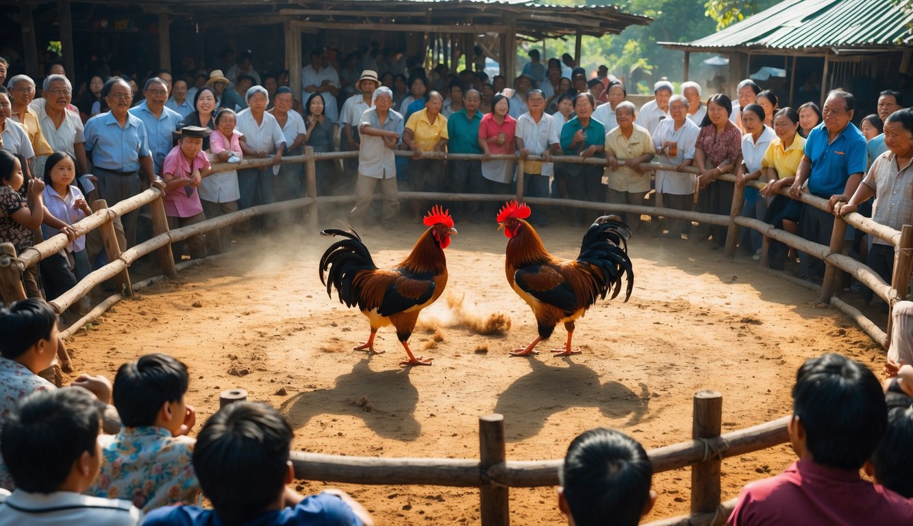 Suasana pertandingan sabung ayam tradisional dengan dua ayam jago bertarung di arena terbuka dikelilingi oleh penonton yang antusias.