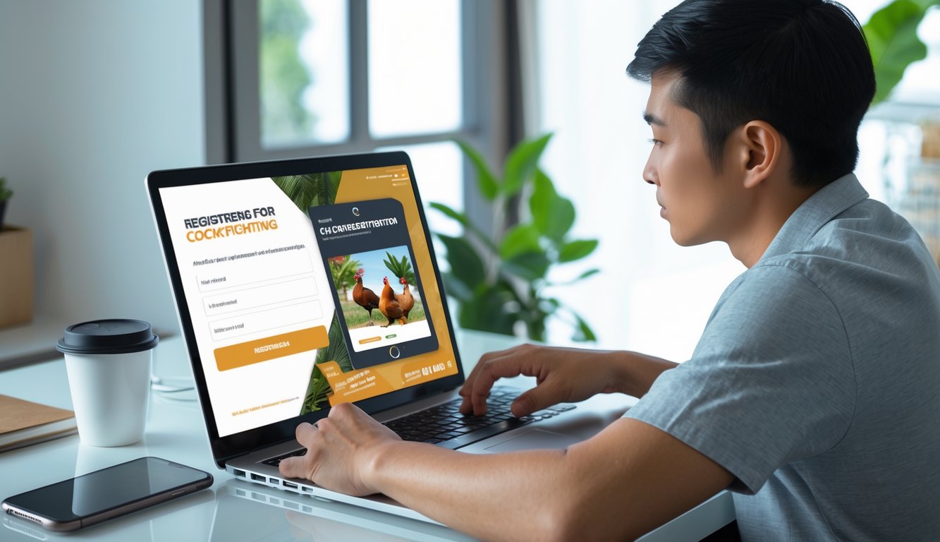 Seorang pria muda sedang menggunakan laptop di meja kerja untuk mendaftar secara online, dengan suasana ruangan yang terang dan rapi.