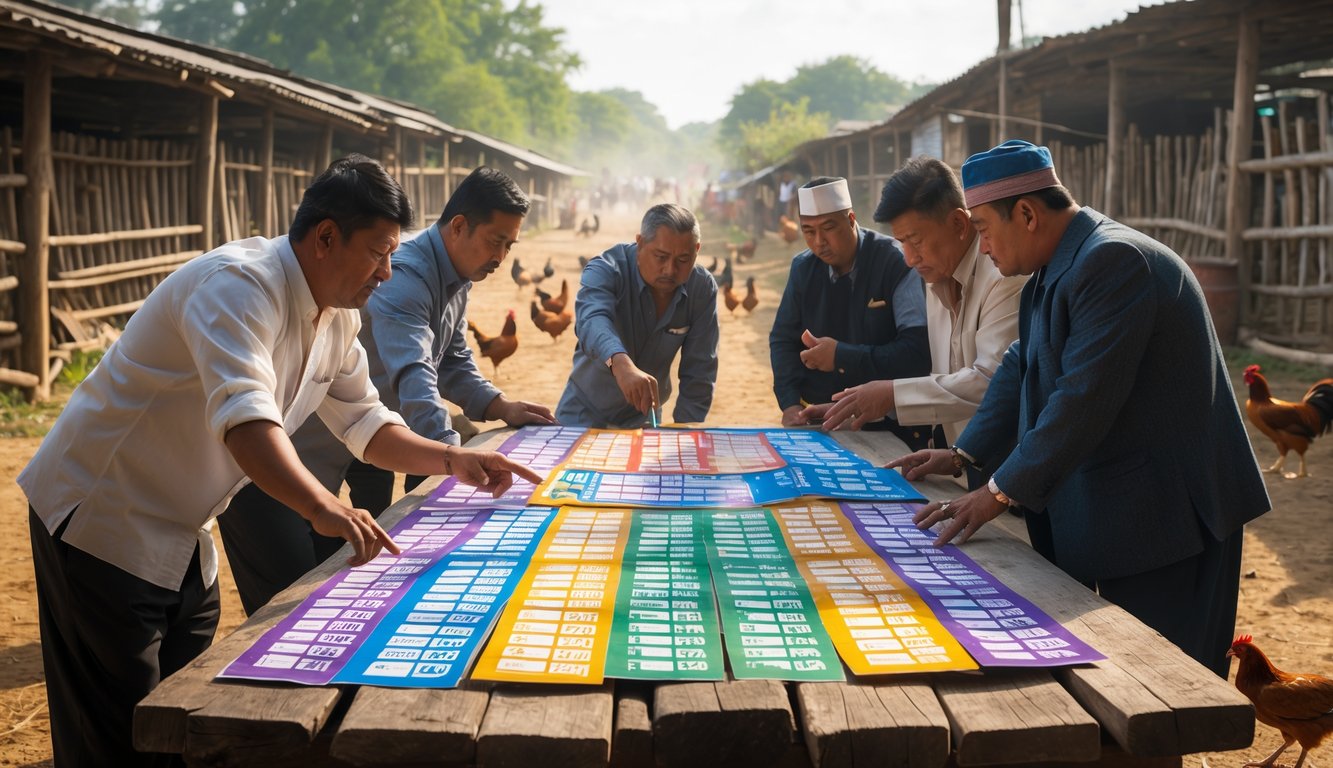 Orang-orang berkumpul di luar ruangan melihat jadwal pertandingan sabung ayam yang tertata di atas meja kayu, dengan latar belakang suasana pedesaan dan ayam yang berkeliaran.
