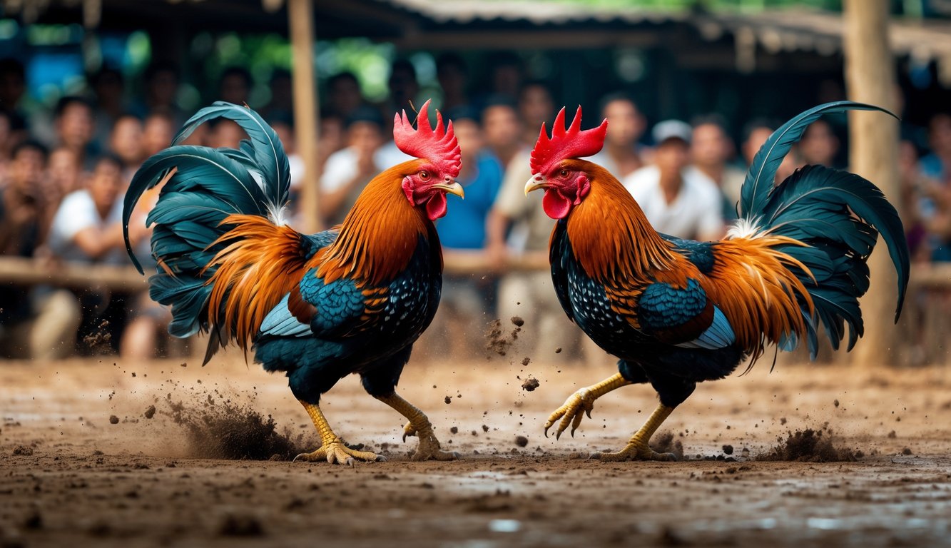 Dua ayam jago sedang bertarung di arena sabung ayam dengan penonton di latar belakang.