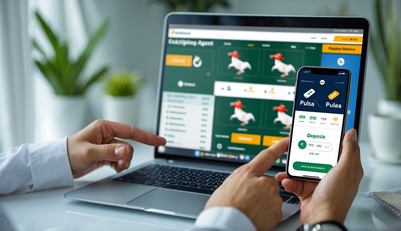 Seorang pria menggunakan laptop dan ponsel untuk memasang taruhan sabung ayam secara online dengan metode deposit pulsa.