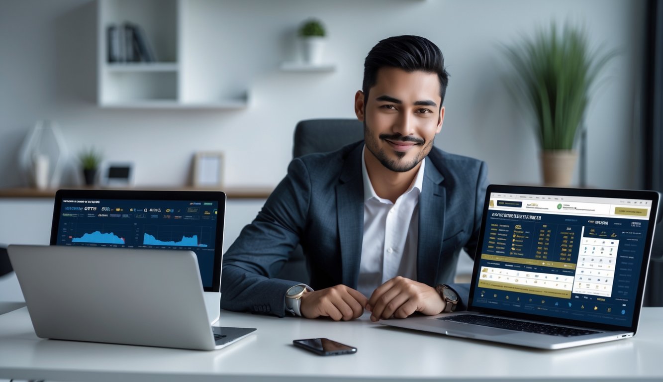 Seorang pria duduk di meja dengan laptop dan ponsel yang menampilkan platform taruhan sabung ayam online, terlihat percaya diri dan tersenyum.