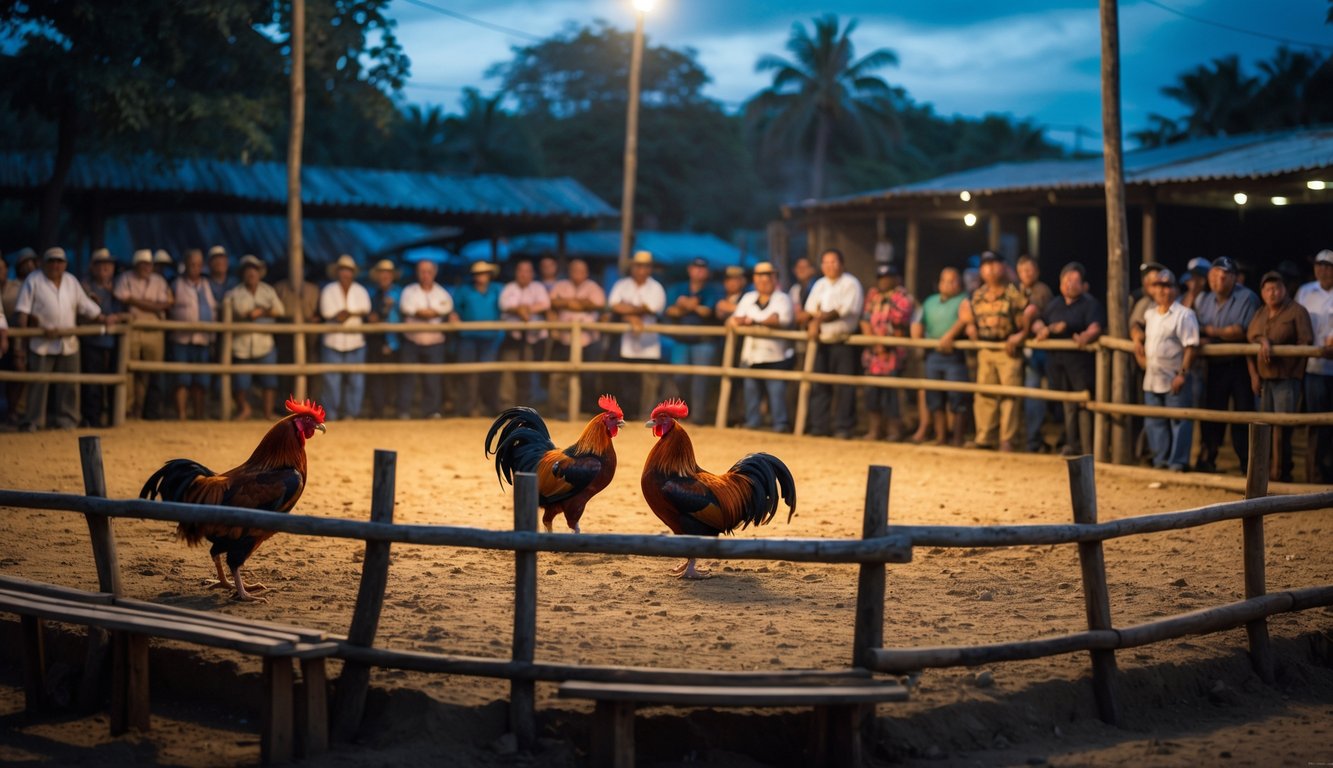 Arena sabung ayam dengan dua ayam bertarung dan penonton yang antusias mengelilingi arena.