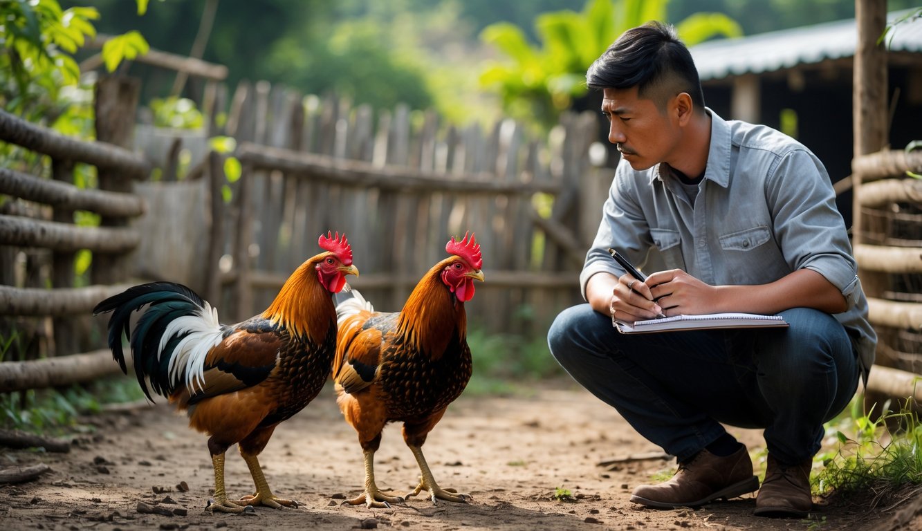 Seorang pria muda mengamati dua ayam jago di luar ruangan dengan latar belakang pagar kayu dan dedaunan hijau.