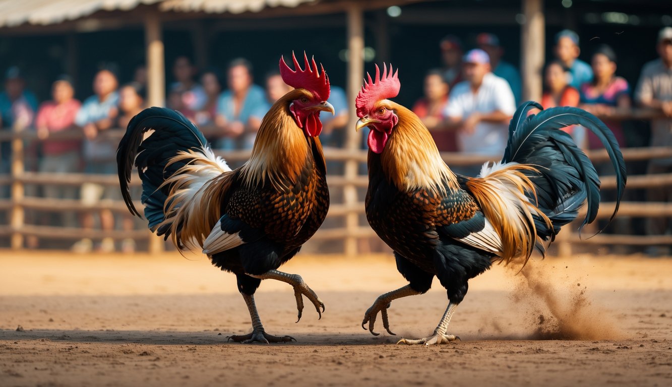 Dua ayam aduan sedang bertarung di arena dengan penonton yang memperhatikan di latar belakang.