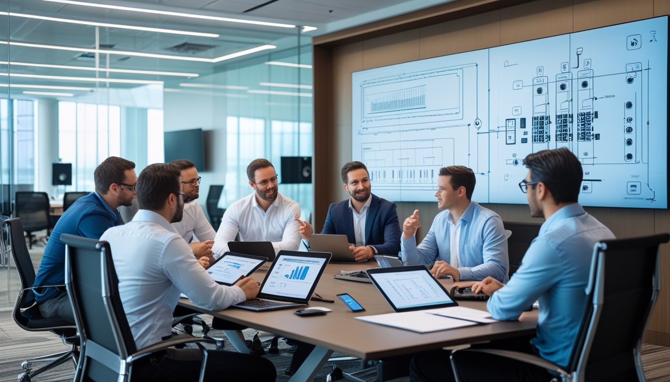 Sekelompok profesional sedang berdiskusi di ruang rapat kantor dengan peralatan teknologi audiovisual di sekitar mereka.