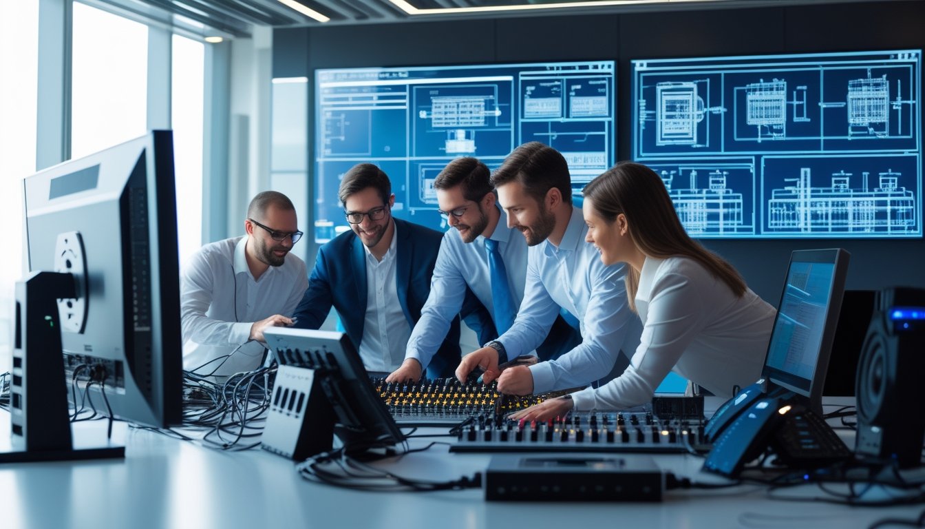 Tim profesional sedang bekerja bersama dengan peralatan audiovisual modern di kantor berteknologi tinggi.