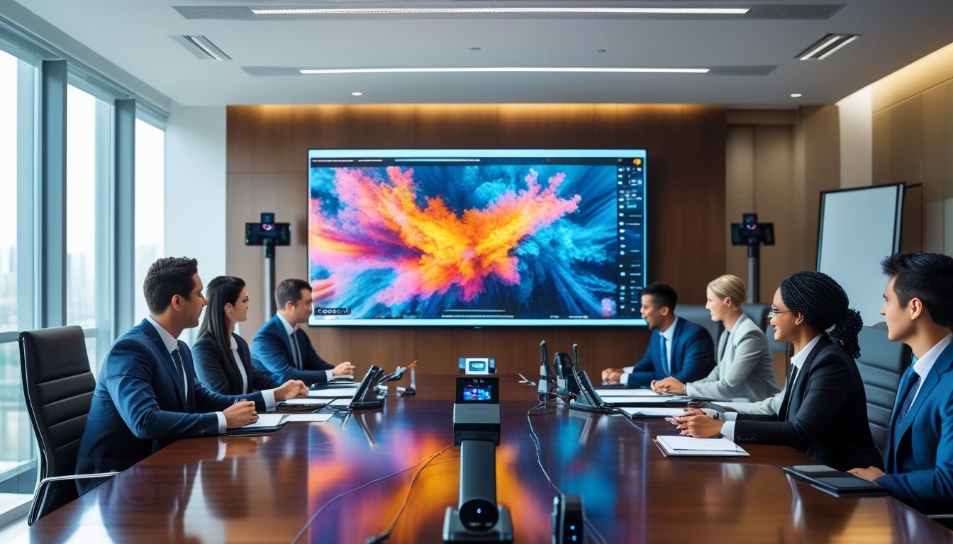 Ruang rapat kantor modern dengan profesional bisnis yang sedang berdiskusi dan menggunakan peralatan audiovisual canggih.