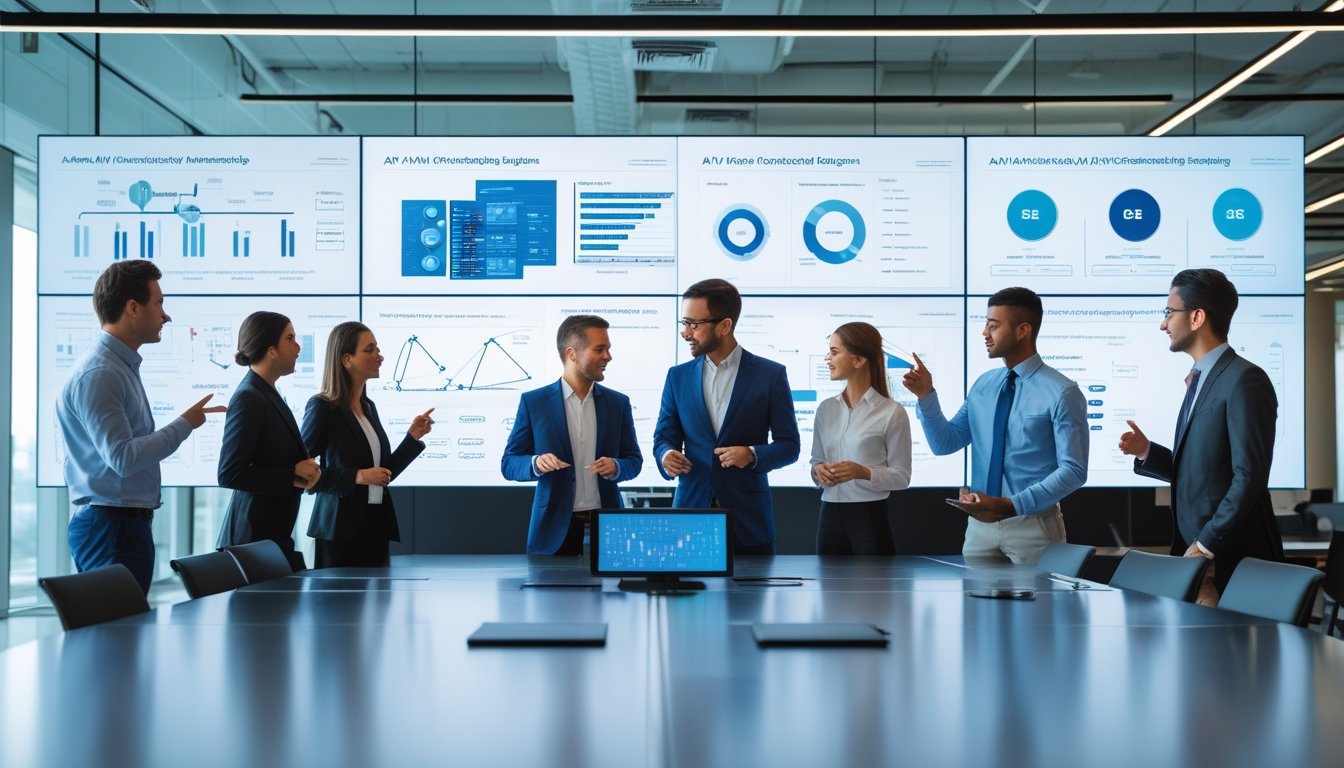 Sekelompok profesional bisnis sedang berdiskusi dalam ruang rapat modern dengan layar digital besar yang menampilkan diagram dan data teknologi AV.